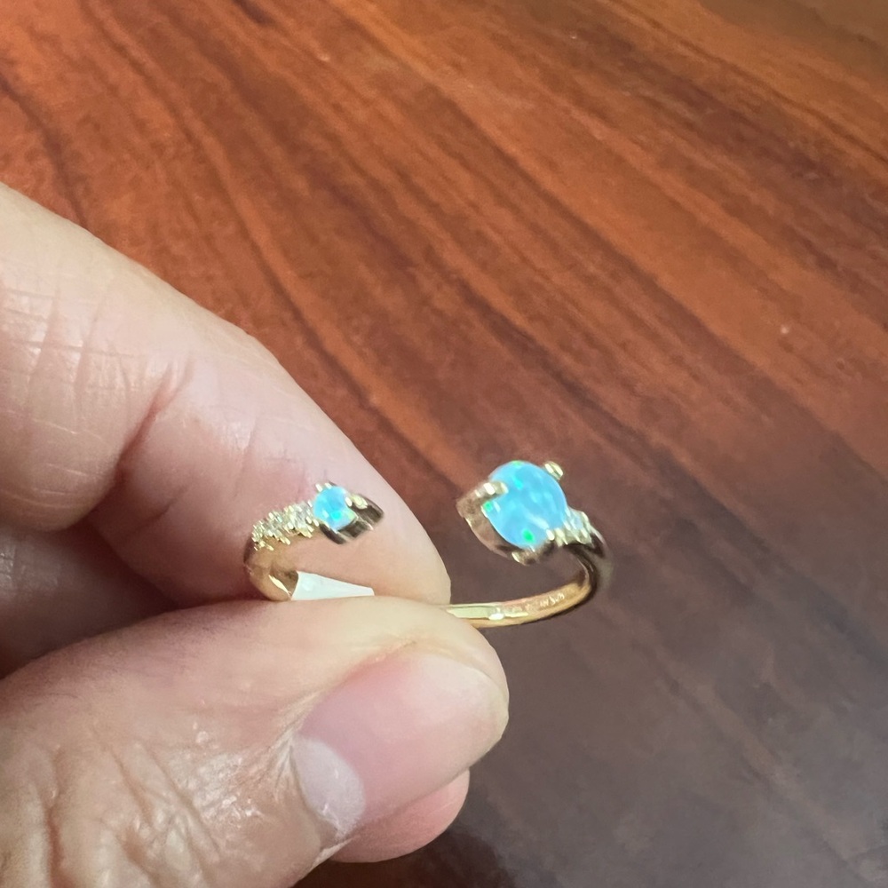 Gold Open Ring with Blue Opal Accent - Women Jewelry